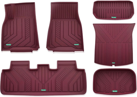 YHTAUTO Custom Fit Red Car Floor Mats for Tesla Model Y 2025-2020 5 Seater, All Weather TPE Car Mats Carpet, Front Rear Trunk Cargo Storage Liner Mats, Anti-Slip Waterproof, Set of 6