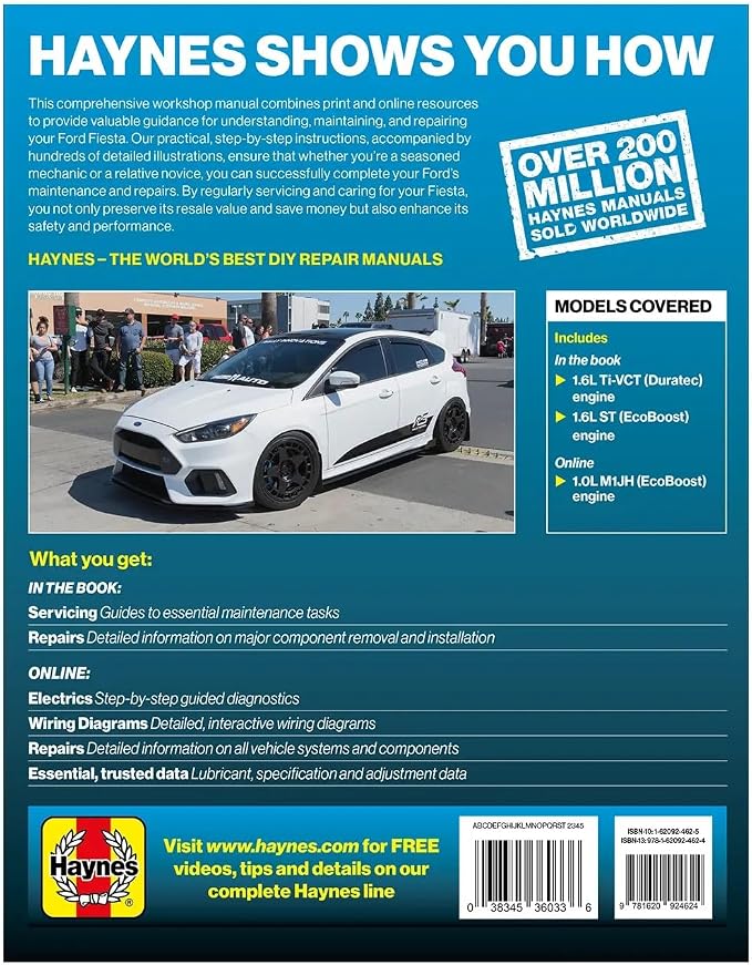 Haynes Repair Manual Compatible with Ford Fiesta (2014–2019): Covers 1.6L Ti-VCT Duratec, 1.6L ST EcoBoost & 1.0L EcoBoost Engines – Maintenance, Troubleshooting & Wiring Diagrams