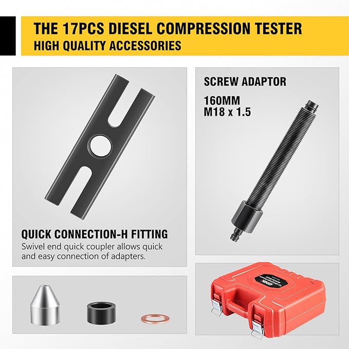 DNA Motoring TU-15B Diesel Engine Compression Gauge Tester with Gauge & Adapters, Cylinder Pressure Meter Teste Tool Kit for Trucks Cars, TOOLS-00336