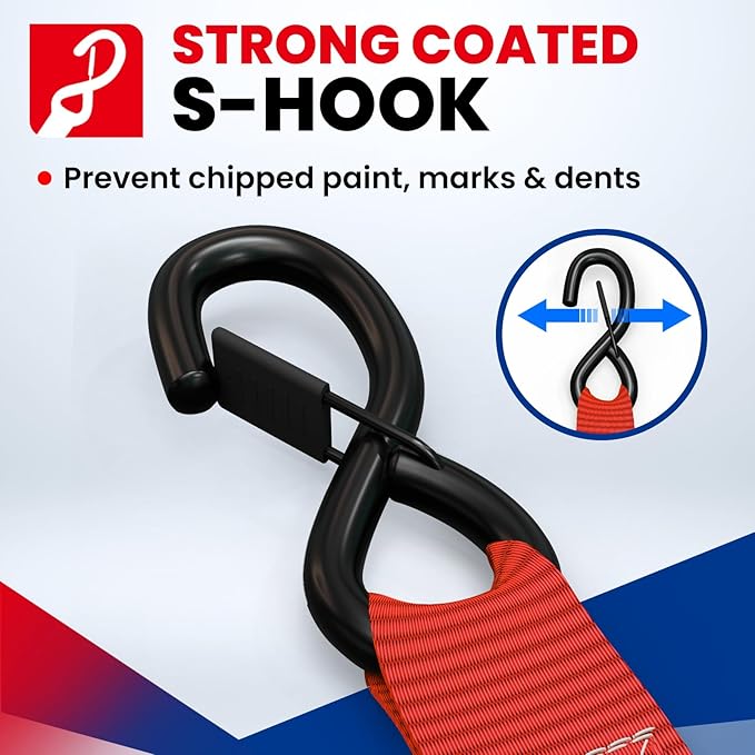 MOCA Red Heavy Duty Ratchet Tie Down Straps - 5200 Lbs Breaking Strength 1.6" x 8', Includes 4 Heavy Duty Ratchet Padded Handles & Coated Chromoly S Hooks & 4 Soft Loop Tie-Downs
