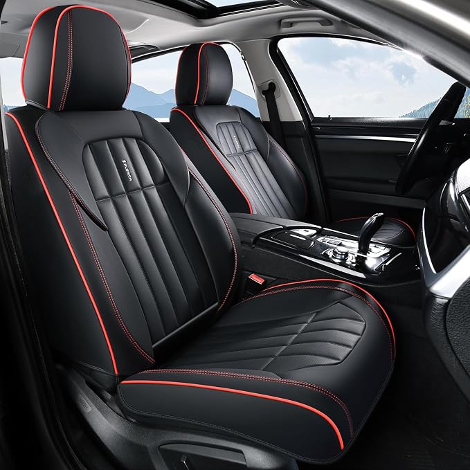 FLORICH Leather Seat Cover, Car Seat Covers Front Set, Waterproof Car Seat Protectors, Front Seat Covers 2 Pack, Automotive Seat Covers Protector Fit for Most Cars Trucks SUV - BlackRedLine