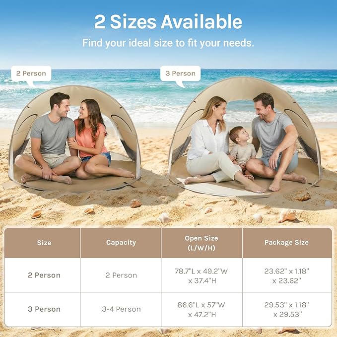 Wolfwise Pop up Beach Tent Sun Shelter with UPF50+ UV Protection, Instant Easy Setup Popup Beach Shade Canopy for 2 Person, Portable & Foldable with Carring Bag, 79 ×49×38 in, Beige