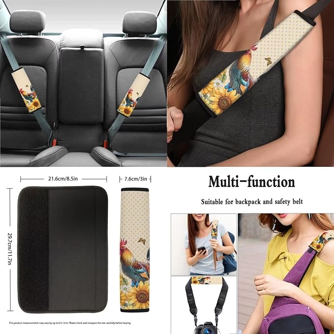 Rooster Chicken Sunflower Butterfly Print Car Interior Accessories Set of 13, 4 PCS Auto Front and Back Seat Covers, 1 Steering Wheel Cover, Seat Belt Pads Set of 4, 4 Pieces Cup Coasters