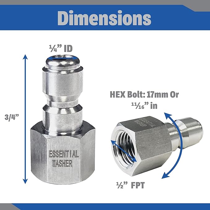 Essential Washer Stainless Steel ¼” Plug Female NPT | Pressure Washer Quick Connect Fittings | 5000 PSI | Set Of 6