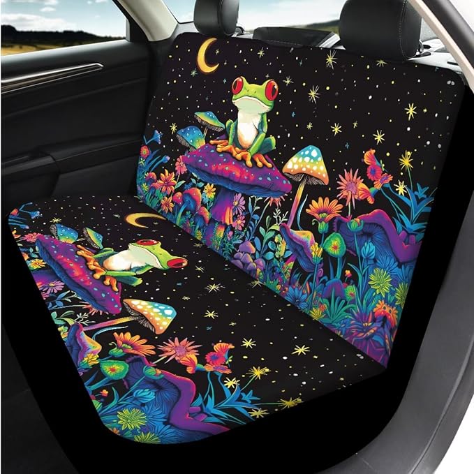Bulopur Mushroom Frog Vehicle Seat Covers Front and Rear with 15 Inch Steering Wheel Cover Breathable Center Console Cushion Car Seat Headrest Covers Seat Belt Pads Vehicle Interior Decor Set