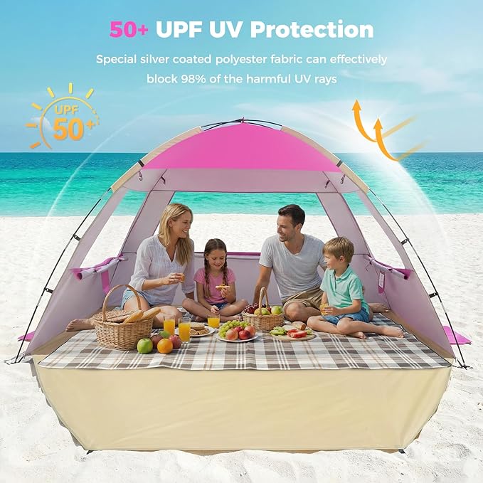 Venustas Beach Tent Sun Shelter for 3/4/6/8 Person, UPF 50+ UV Protection Beach Canopy, Lightweight and Easy Setup Cabana, Portable Shade Tent