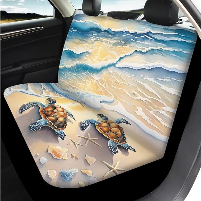Bulopur Beach Sea Turtle Auto Seat Covers Full Set with Car Armrest Pad Seat Belt Covers Keychain American Flag Automotive Interior Decor Set for Truck SUV Van 14 Pack
