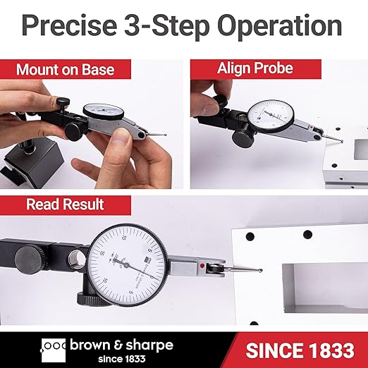 Brown & Sharpe Dial Test Indicator – 0.03" Range, 0.0005" Graduation, 6 Ruby Jewels, Satin Chrome Brass, 0-15-0 Dial, Professional DTI with Dovetail Clamp & Storage Case for Precision Measurement