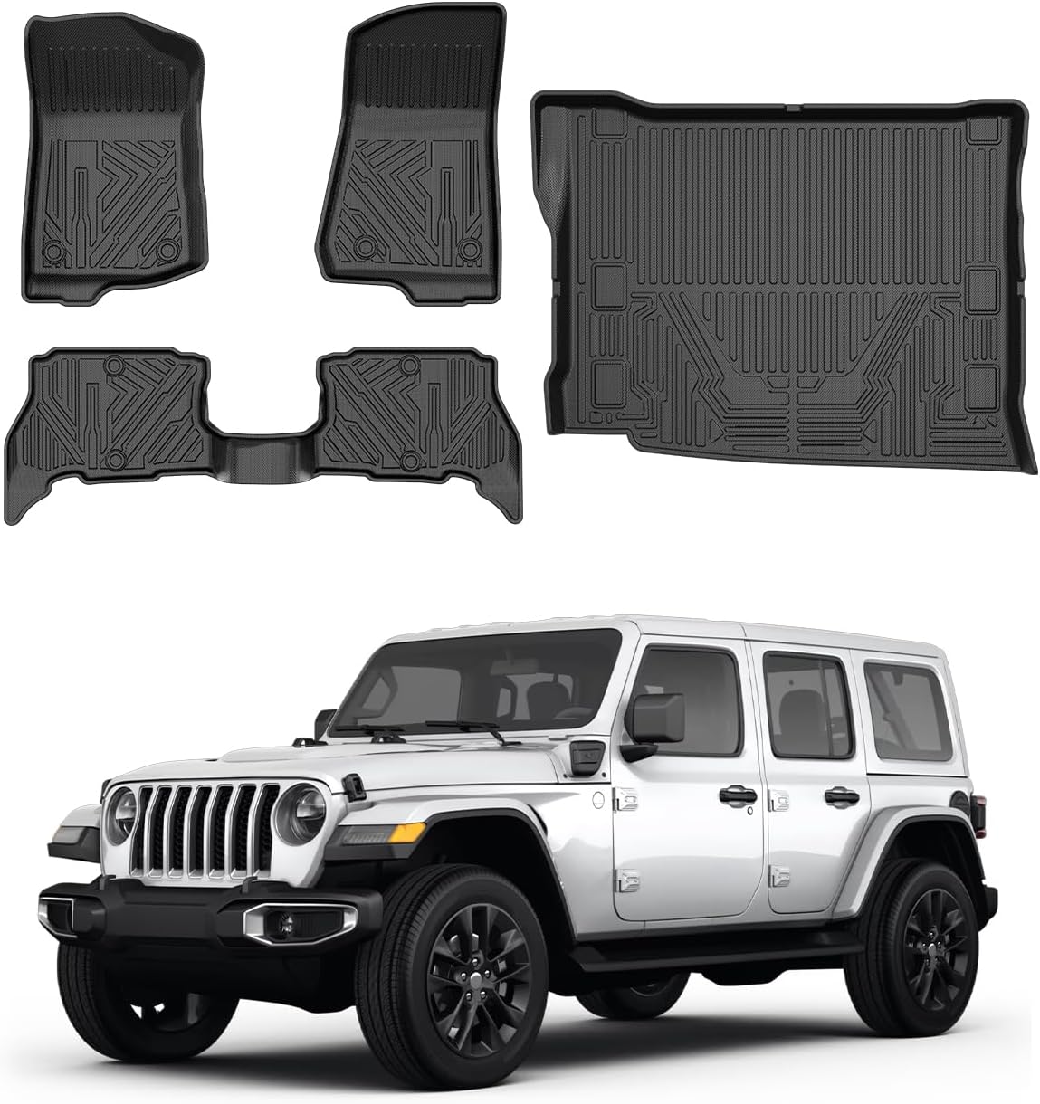 Powerty Floor Mats & Cargo Liner for 2021-2025 Jeep Wrangler 4XE 4 Door Accessories Floor Mats 2 Row Liner Set All Weather TPE 3D Floor Liners&Rear Cargo Mat (Not for JL/JK/4X4)