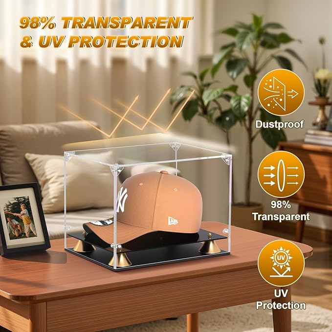 KOLIPI Hat Display Case, Clear Acrylic Baseball Cap Display Box with Double Layer Base, Self-Assembly Showcase for Baseball Cap, Snapback, Mini Helmet, UV Protection for Signed Memorabilia