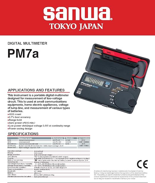 Sanwa PM7A Pocket mini Size Portable Multimeter DMM 4000 Count DC AC with Integrated Protective case Japan quanlity(PM7a)