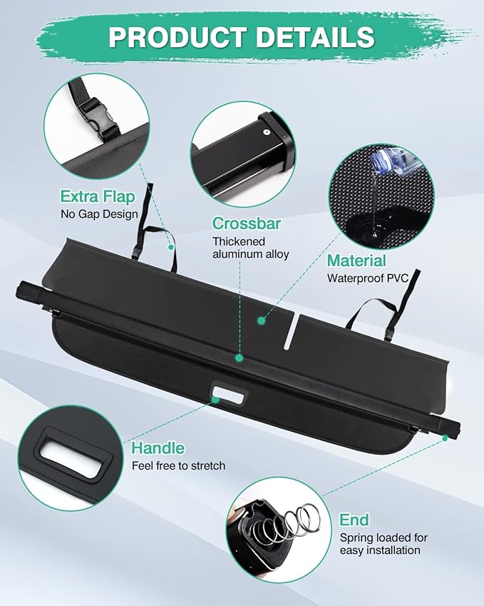 Powerty Cargo Cover for 2014 2015 2016 2017 2018 Jeep Cherokee Accessories Trunk Cover Retractable Trunk Shielding Shade Cargo Luggage Cover No Gap (Not for Jeep Grand Cherokee or Latitude)
