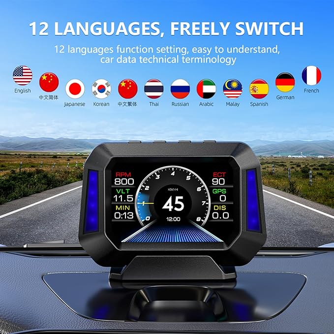 AZIJYV Obd2 Gauge Display P21, Heads Up Display for Cars, Displaying Multiple Functions, Speedometer, Slope Meter, Digital Speedometer for car Suitable for After 2009