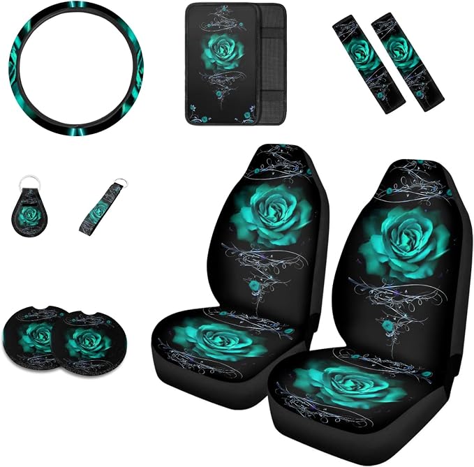 Howilath Green Rose Flowers Print Car Front Seat Covers, 10pcs Car Front Seat Covers/Steering Wheel Cover/Seatbelt Pads/Keychain/Armrest Cushion/Coasters Vehicle Seat Protector Accessories