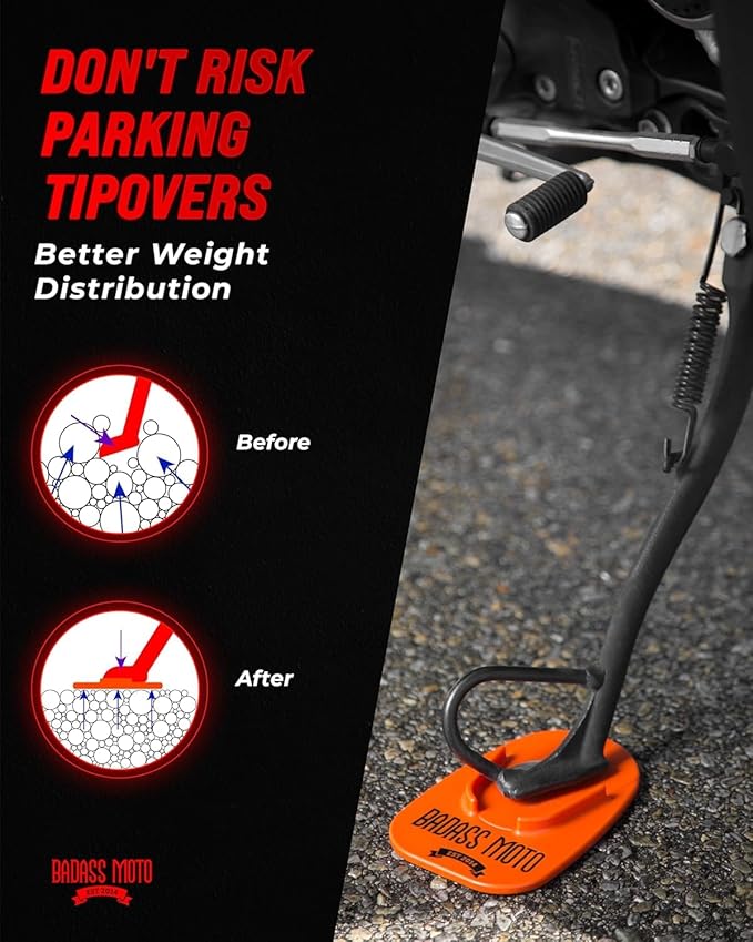 Badass Moto Motorcycle Kickstand Pad - Kick Stand Puck, Coaster Plate for Harley Davidson, Touring & Sport Bikes - Motorcycle Accessories for Grass, Dirt, Hot Pavement Parking Pad, Made in USA, Orange