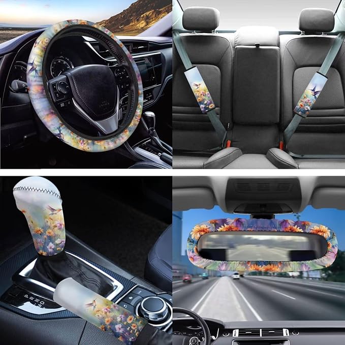 Floral Hummingbird Car Seat Covers Full Set of 14 Pcs,Neoprene Steering Wheel Cover/Mirror Cover/Gear Shift Knob&Handbreak Cushion/Coaster/Key,Auto Interior Protector Aesthetic Car Accessory