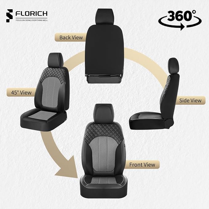 FLORICH Car Seat Covers Full Set Leather & Mesh Seat Cover 5 Seats Front and Back Car Interior Covers Automotive Seat Comfort Protection Accessories Universal Fit for Most Car SUV Truck, Gray&Black