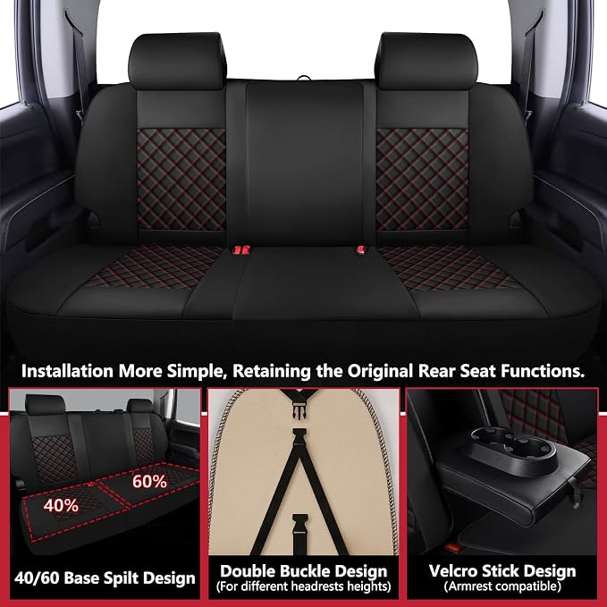 Silverado Seat Covers 2007-2026 Full Set, Truck Interior Sets Custom Fit for Chevy Chevrolet Silverado GMC Sierra 1500/2500/3500HD Crew/Double/Extended Cab with Lumbar Support, Black Red