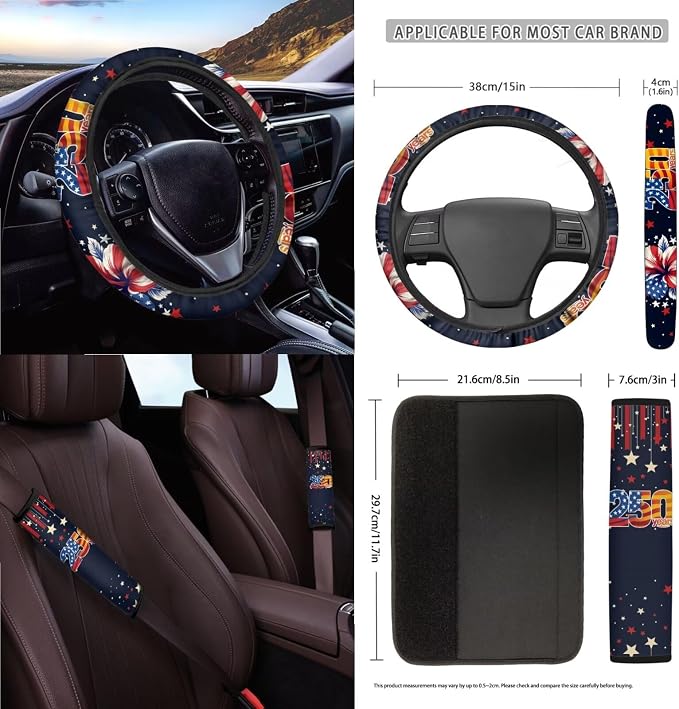 Wanyint 15 PCS Car Seat Covers Set with Steering Wheel Seat Belt Rear View Mirror Cover Trash Bin Sunglass Pocket Coasters Key Chain for US 250th Anniversary, American Flag Hibiscus Star Stripe