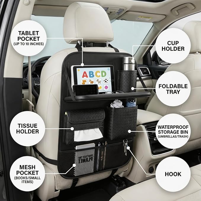Premium PU Leather Car Seat Back Organizer with Foldable Tray & Transparent Touch Screen Tablet Pouch, Travel Accessories with Storage Bin, Cup Holder, Tissue Pocket, Hook, Fit SUV Sedan Truck (Black)