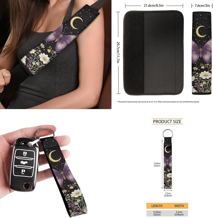 15 Pcs Moon Butterfly Auto Interior Accessories Car Seat Covers with Auto Steering Wheel Cover Seat Belt Covers Car Trash Can View Mirror Cover Coaster Keychains