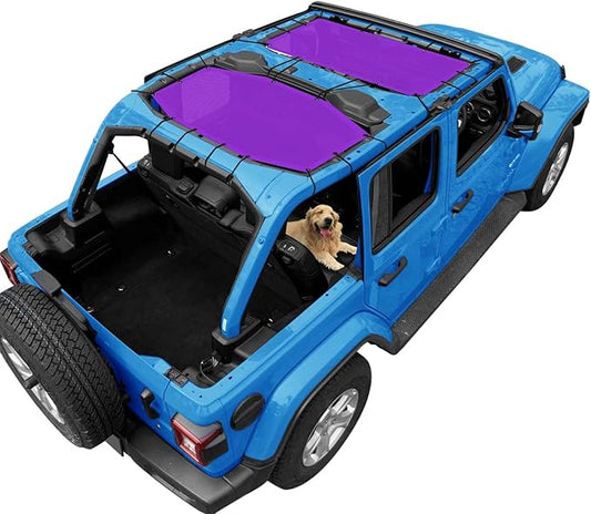 JL Top Sun Shade Roof Compatible with Jeep Wrangler 2 or 4 Door 2018 to 2023 Sunshade Sunroof Blocks UV Wind Noise Purple Mesh for Front and Rear 2 pcs