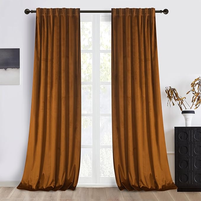 Roslynwood Luxury Soft Brown Velvet Curtains 108 inches Long Back Tab Thermal Insulated Blackout Window Drapes for Living Room/Bedroom/Dining Room, W52 x L108, 2 Panels