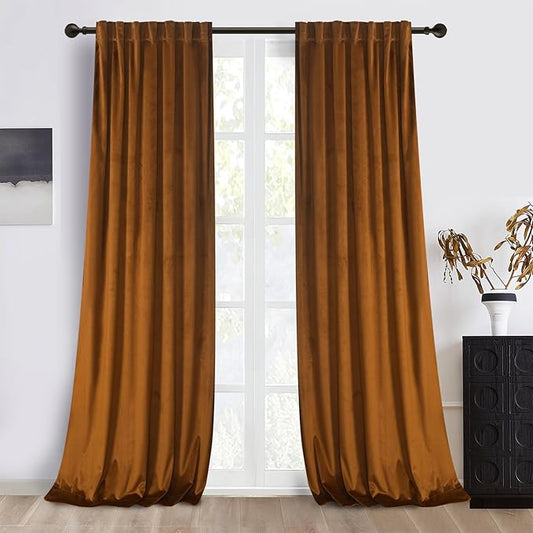 Roslynwood Luxury Soft Brown Velvet Curtains 108 inches Long Back Tab Thermal Insulated Blackout Window Drapes for Living Room/Bedroom/Dining Room, W52 x L108, 2 Panels