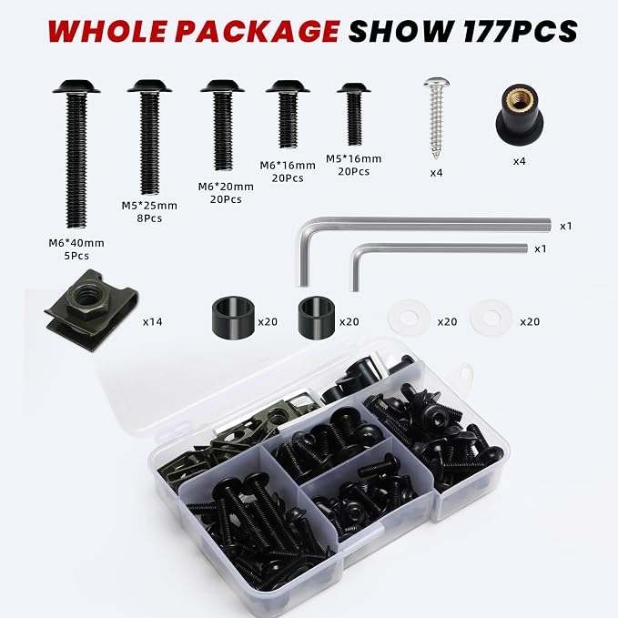 177Pcs Motorcycle Fairing Bolt Kit, M5 M6 Stainless Steel Windscreen Screws Fastener Clips Universal Fit for Sportbike Kawasaki Suzuki Honda Yamaha BMW Ducati GSXR Motorcycle(Black)