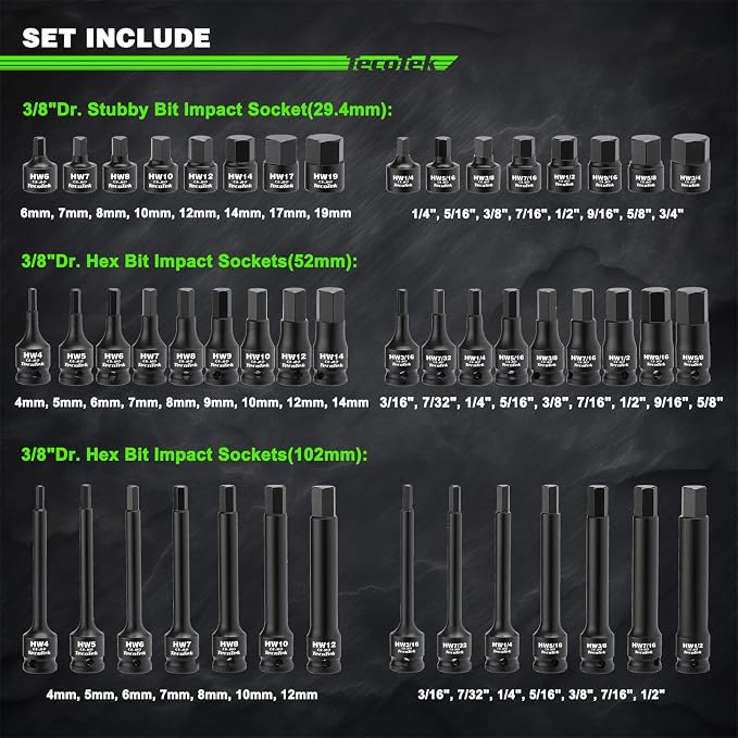 TecoTek 84-Piece 3/8-Inch Drive Master Hex Bit Impact Socket Set, Impact Allen Bit Socket Set, Star Bits, Stubby Bits, Tamperproof Star and Triple Square, Cr-Mo Steel, Heavy Duty Storage Case