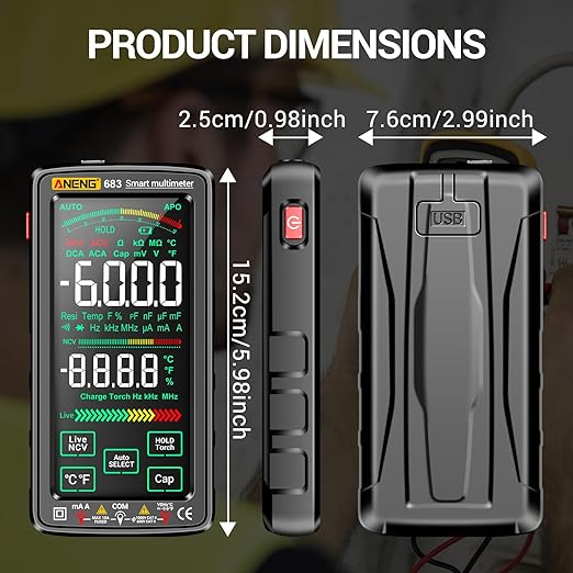 Smart Multimeter, Smart Digital multimeter Tester with Touch Screen 6000 Counts Auto Ranging Rechargeable multimeter A Reverse Display NCV Tester with Flashlight for Electricians,DIY (Black)
