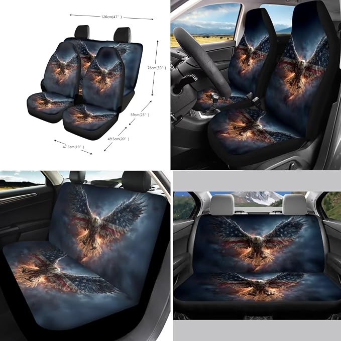 Xoenoiee Bald Eagle American Flag Print Car Seat Covers and Accessories, Front Rear Seat Covers, Steering Wheel Cover, Seat Belt Pads, Coasters, Keychains for Car SUV Decor, 11 PCS Set
