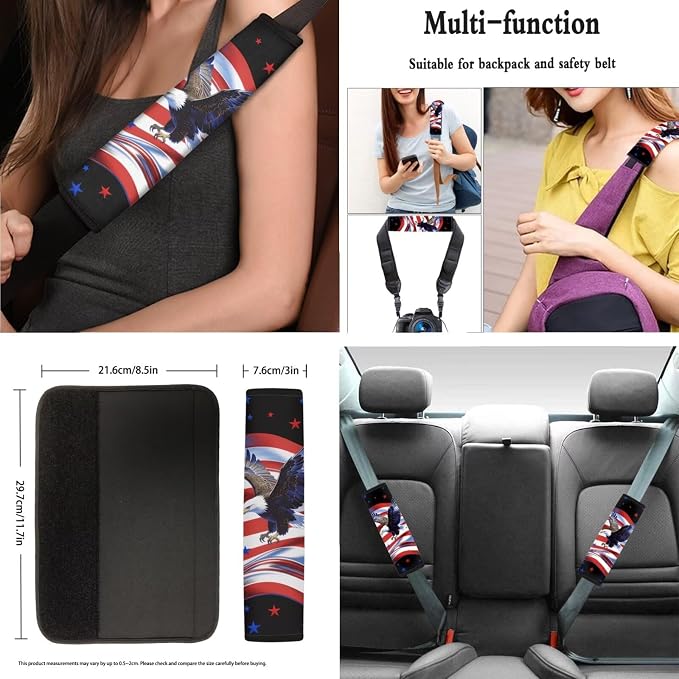 AFPANQZ Car Seat Covers Full Set 11 Pcs with Seat Belt Shoulder Pads, Cup Holder, Steering Wheel Cover, Gear Shift Knob Cover, Handbrake Protector with USA Flag Eagle Print
