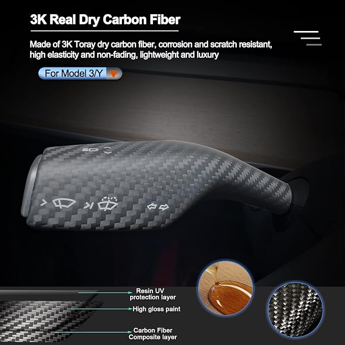 Carbar Steering Lever Cover for Tesla Model 3 Y Dry Carbon Fiber Column Gear Shift Cover Column Shift Paddle Tesla Model Y Model 3 Accessories (2Pcs Matte Carbon Fiber)