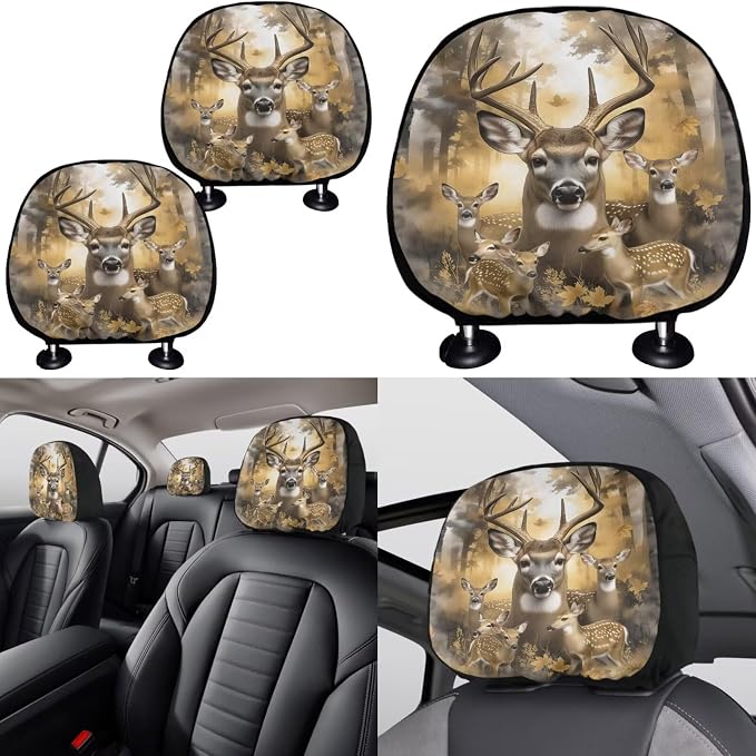 KEIAHUAN Car Seat Cover Full Set 11 Pieces Deer Hunting Camouflage with Stretchy Steering Wheel Cover,Headrest Cover,Gear Shift Knob Cover & Handbrake Cover,Coasters,Fit Most Van Sedan Truck SUV