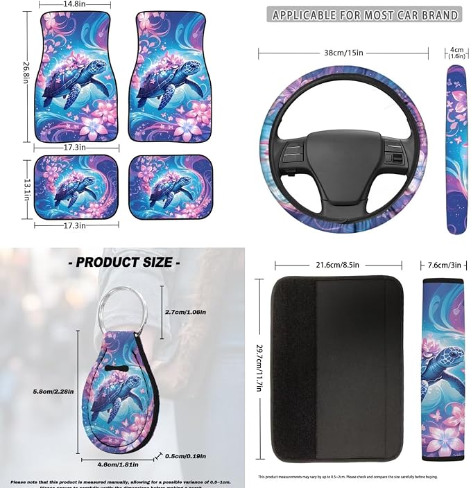 18 Pcs Pink Turtle Car Interior Accessories for Women, Car Seat Covers Full Set with Steering Wheel Cover Floor Mats Seat Belt Pads Armrest Pad Roof Handle Wraps Cup Coasters Keychains