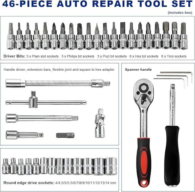 46PCS 1/4 Inch Car Repair Tool Set, Metric Socket Ratchet Wrench Set with Extension Bars & Bits, Quick-Release Ratchet Combination Tools Kit for Auto Repairing & Household