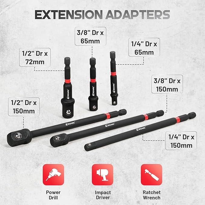 EZARC 14PC Impact Socket Adapter Set, 1/4",3/8",1/2" Square Drive Socket Adapter,Quick-Release & Magnetic Drill Bit Extension,Swivel & Right Angle Drill Attachments for Power Drill & Impact Driver