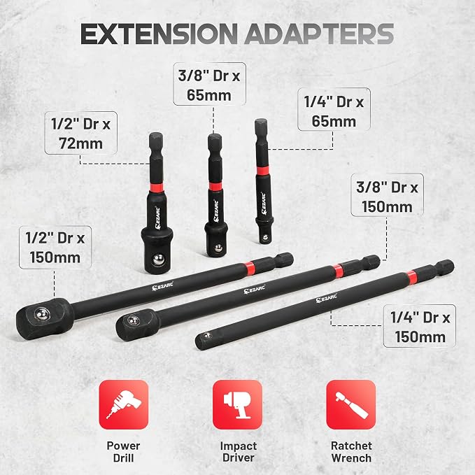 EZARC Impact Socket Adapter Set, 14PCS 1/4", 3/8" & 1/2" Square Drive Socket Adapters with 21PCS Universal Swivel Socket Set, Impact Couplers, Reducers and Hex Extension Bits for Power Drill and Impac