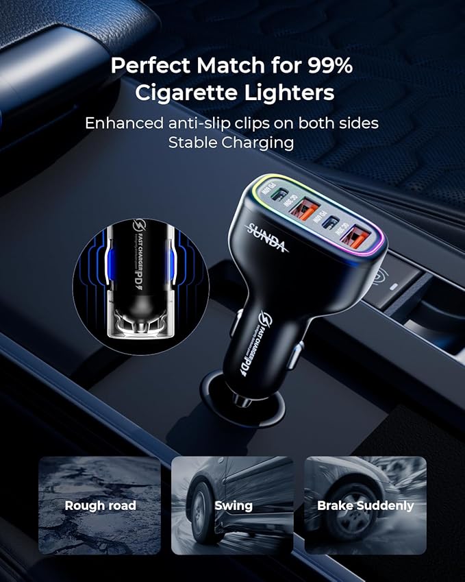 USB C Car Charger, 126W [Dual PD60W&QC30W] Cigarette Lighter USB Car Charger Adapter Fast Charging 4 Ports Car Phone Charger for iPhone 17/16/15/14/13, Samsung Galaxy S25/S24Google Pixel Laptop