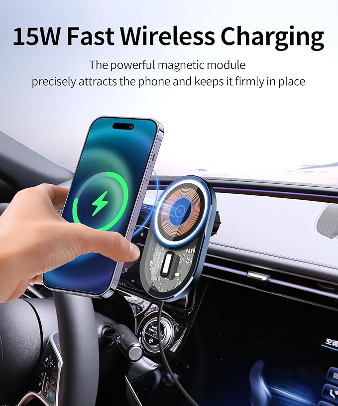 Wireless Charging Car Phone Holder for Mercedes Benz EQE Sedan/EQE SUV 2023-2025, 12.3" Screen Fixed Clip, 360° Rotation Car Phone Mount Compatible with MagSafe