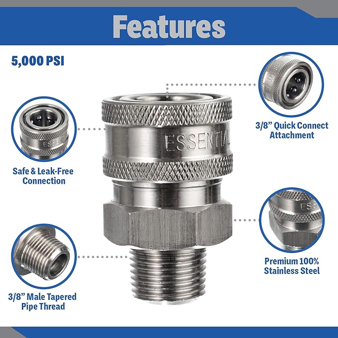 Essential Washer Stainless Steel ⅜” Quick Connect Male NPT | Pressure Washer Quick Connect Fittings | 5000 PSI | Set Of 6