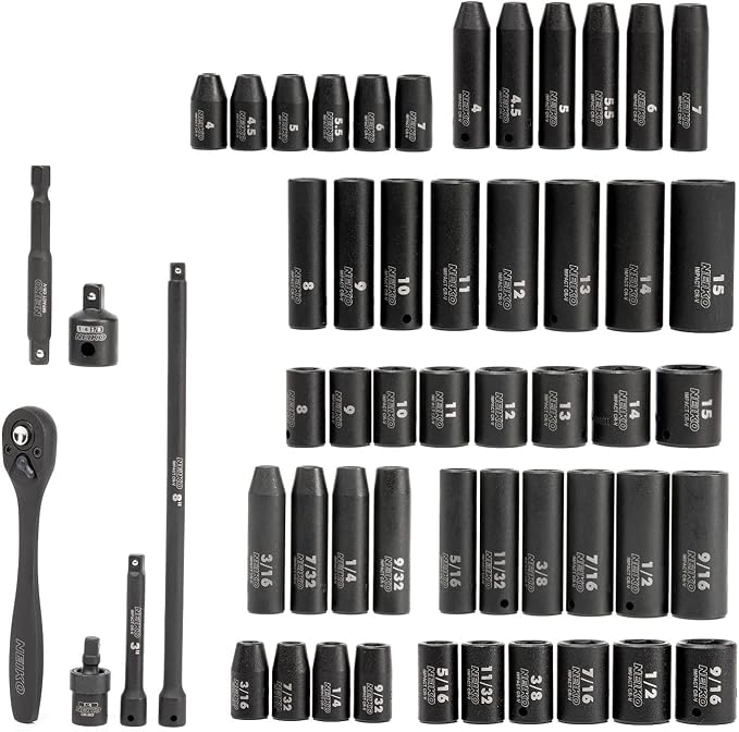 NEIKO 02437A 1/4 Drive Impact Socket Set 54 Piece Metric & Standard, Deep & Shallow Chrome Vanadium Steel 3/8” to 1/4” Reducer Hex Shank Adapter, Metric and Standard, Deep Socket Set