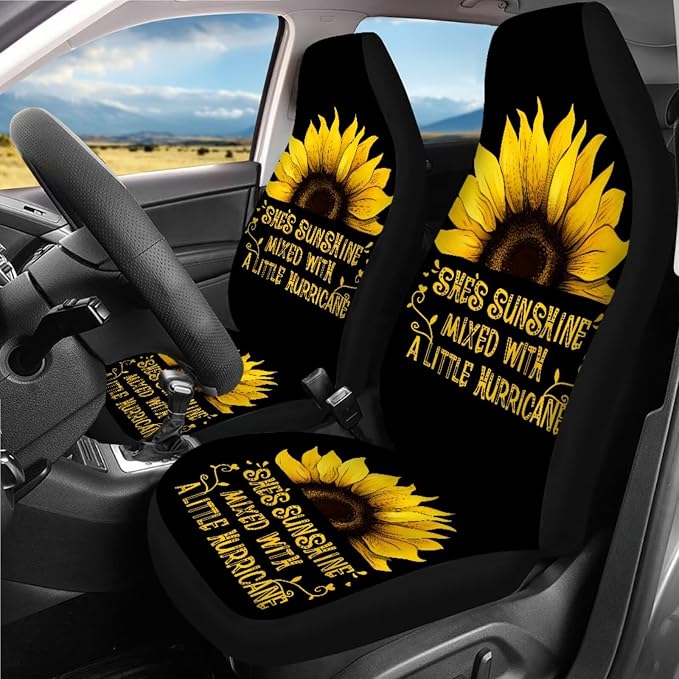 Sunflower Print Car Seat Covers Full Sets 18 Pieces Sunshine Sunflower Print Car Interior Accessories Sets with Steering Wheel Car Covers Car Headrest Covers Hanging Car Trash Can Belt Pads
