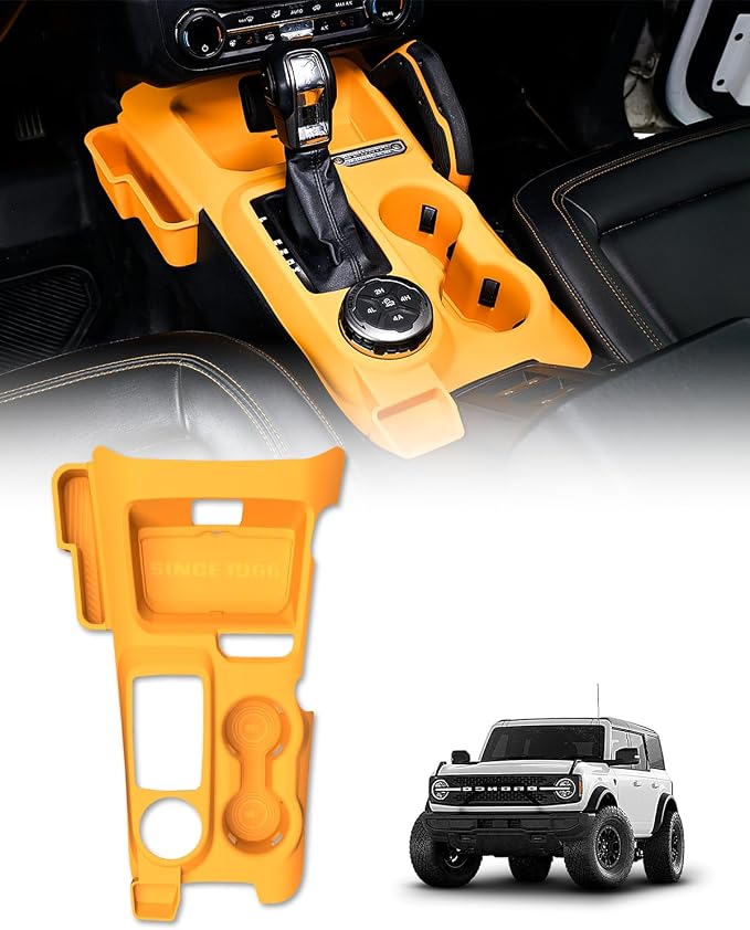 Central Control Storage Box fit for 2021-2024 Ford Bronco Automatic Transmission 2/4 Door Water Cup Silicone Non-Slip Mat Central Protective Scratch Pad Interior Modification Accessories-Orange