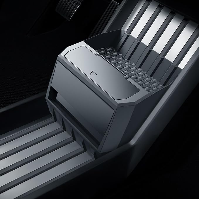 for Tesla Cybertruck 2-in-1 Floor Console Organizer - Push-to-Open Car Trash Can& Console Storage - Waterproof Drawer Organizer with Vegan Leather Mats - Easy to Install for Cybertruck
