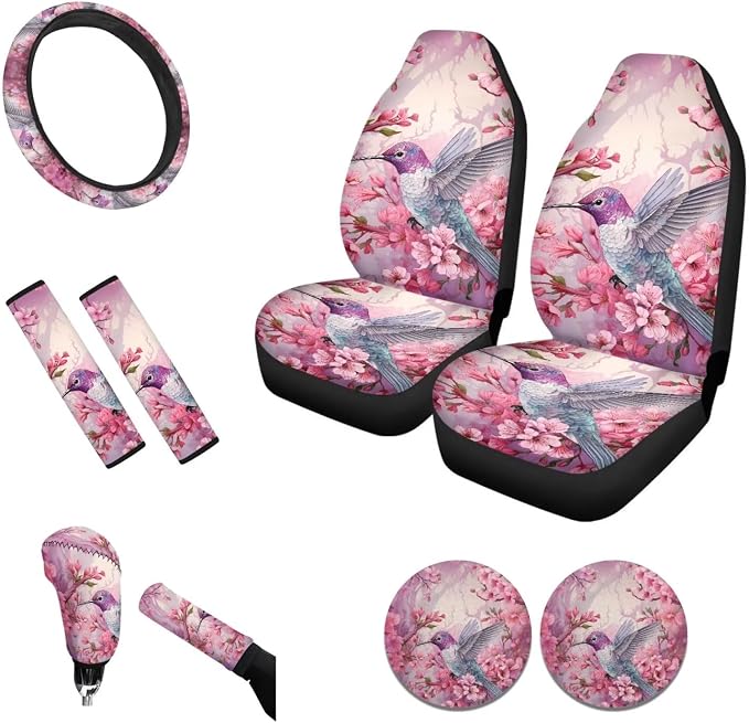 Tupalatus Car Seat Covers Set of 9,Car Hand Brake Cover,Gear Shift Knob Cover,Seat Belt Pads,Car Coaster,Steering Wheel Cover Universal Fit for Car Truck SUV, Pink Flower Hummingbird