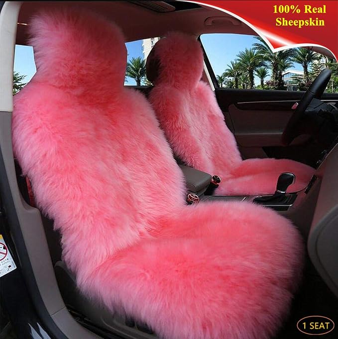 Winter Warm Authentic Australia Sheepskin Car Seat Cover Luxury Long Wool Front Seat Cover Fits Most Car, Truck, SUV, or Van (Pink)