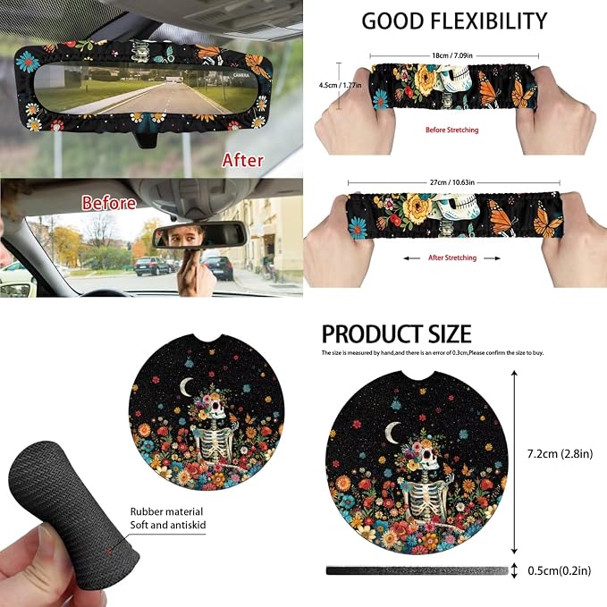 Moon Skeleton 15Pcs Car Seat Cover Full Set Car Steering Wheel Cover Seat Belt Cover Trash Bin Front Rear View Mirror Car Cup Holder Keychain