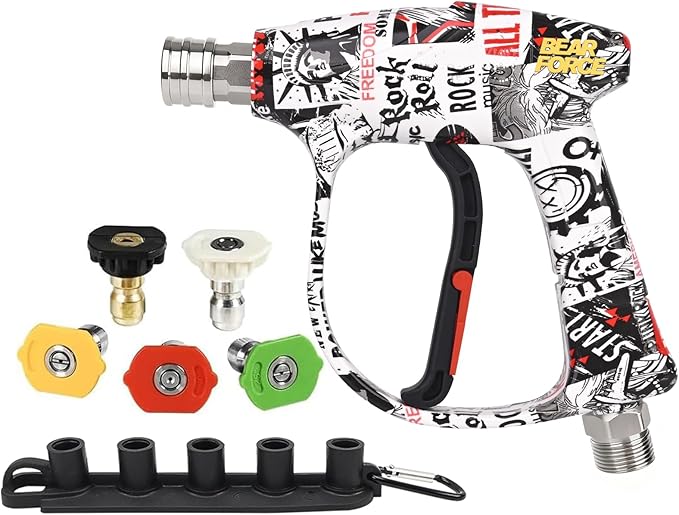 Bear Force High Pressure Washer Gun 3000 PSI Max, Color Painted Power Washer Short Gun M22-ID14mm with 1/4” Quick Connector & 5 Spray Nozzles, Car Wash, Car Cleaning, Car Care Detailing